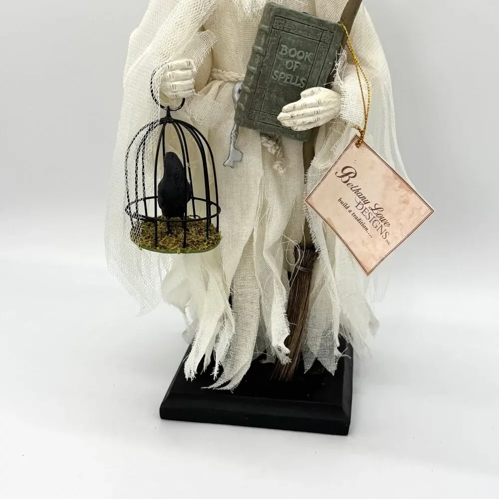 Bethany Lowe Ghostly Witch Halloween Figure with Crow Broom Stick & Spell Book